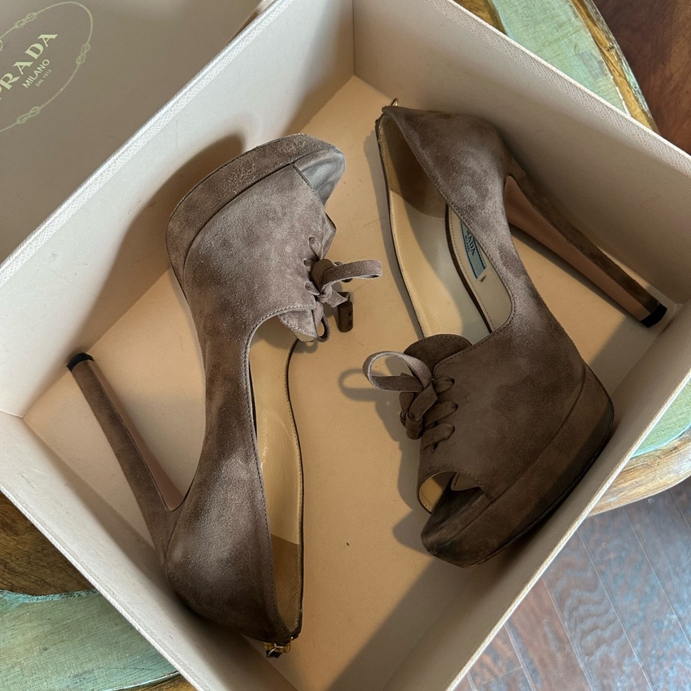 Prada Brown Suede Peep-Toe Lace-Up Platform Heels 9 9.5 EU 39.5 - Picture 10 of 16